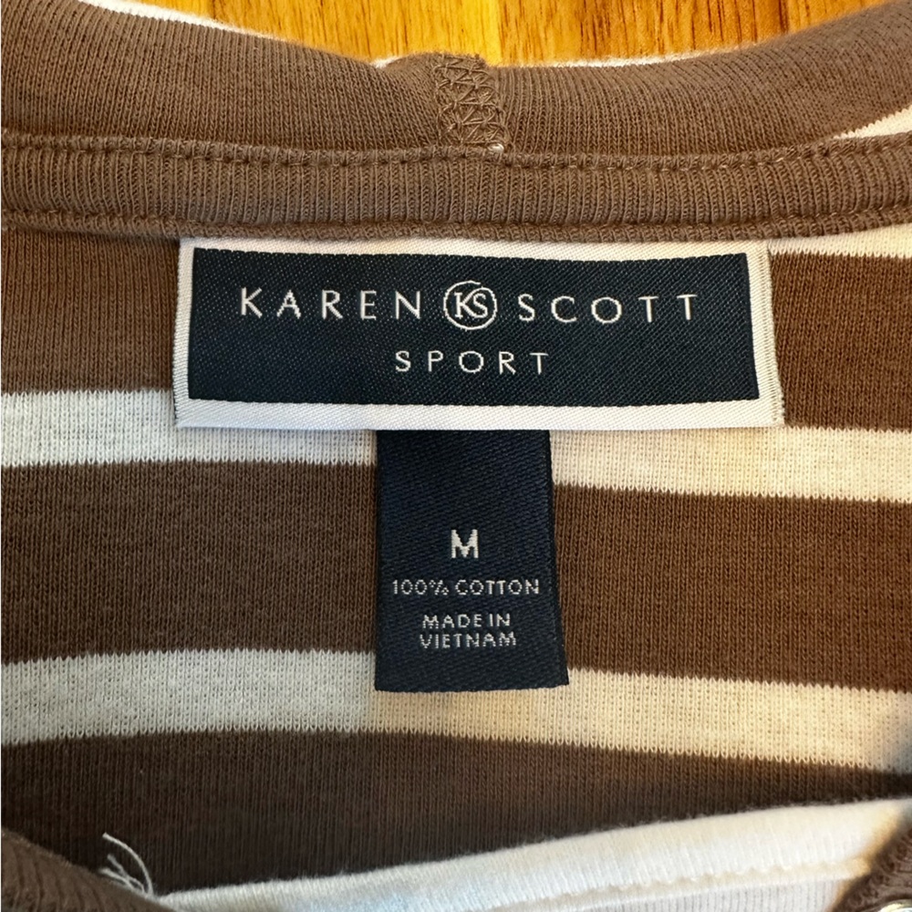Karen Scott Sport Woman's Cotton White & Tan Striped With Hood Size‎  M - Picture 10 of 11
